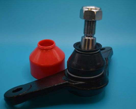 Inner ball joint (RHS) with a black and red component, viewed from the top with a visible threaded section and a red cap.