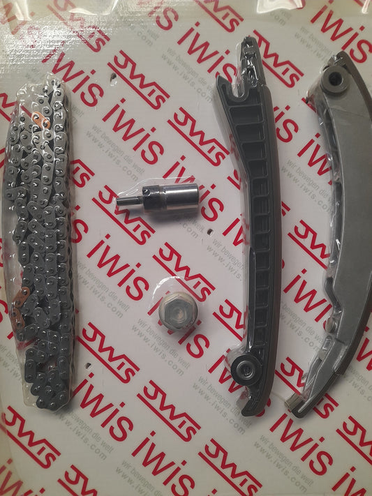 A timing chain kit for Mini Cooper S R53 and R52, including a metal chain, guides, and tensioner, laid out on a branded background.