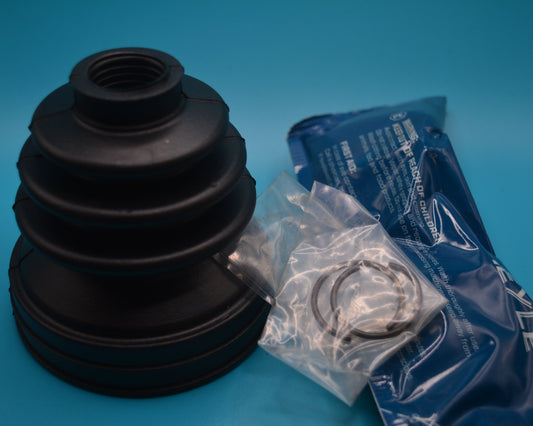 A black inner CV boot with a blue package and a set of clips beside them, all against a light blue background.