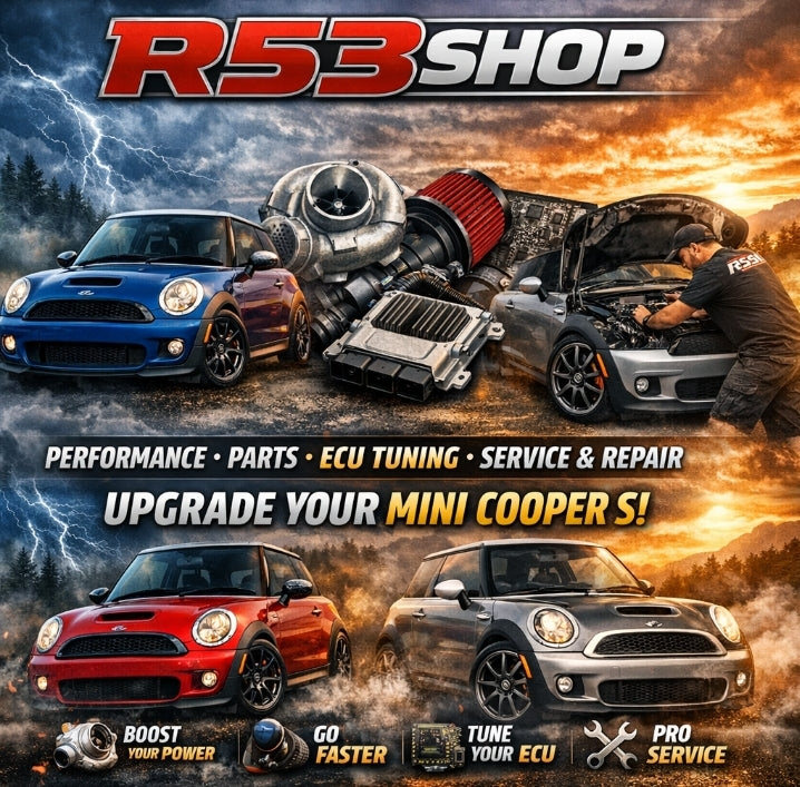 Promotional graphic for R53 Shop Brand featuring Mini Cooper cars and automotive parts with a fiery background.