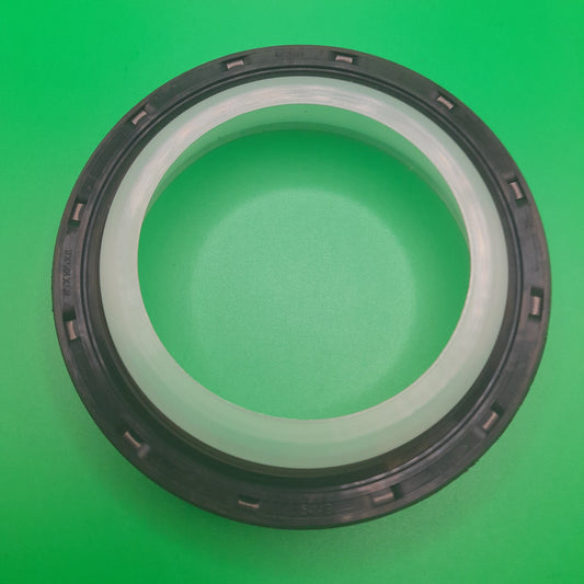 A black and silver rear main seal for a vehicle.