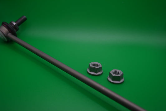 A front sway bar link with two bolts on a green background, typically used for connecting the sway bar to the suspension in mini cooper R56 models