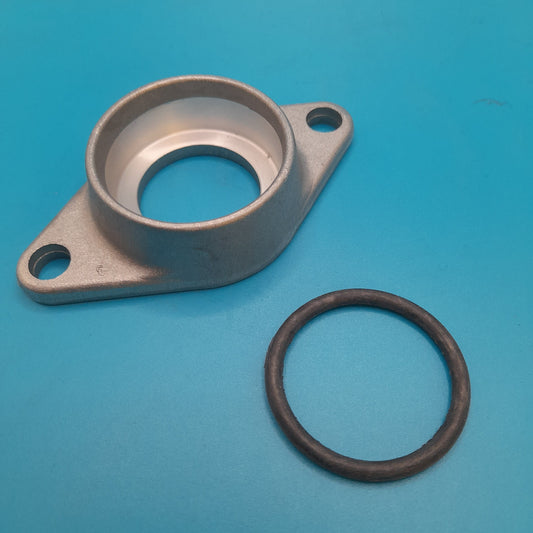 A metal water pump to engine block flange plate with a central hole and two mounting holes on a blue background.
