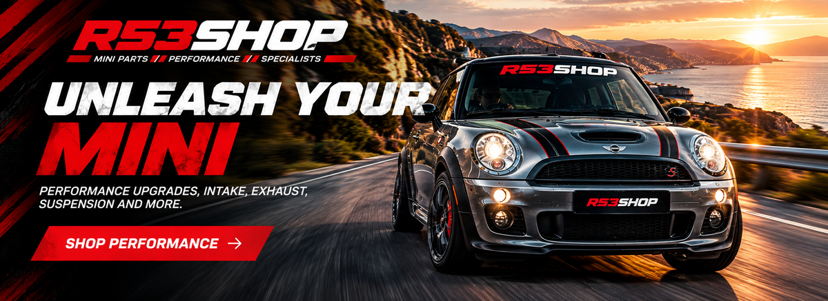 Promotional banner for RS3 Shop featuring a silver Mini Cooper with black racing stripes driving on a coastal road at sunset. Large text reads 'RS3 SHOP', 'UNLEASH YOUR MINI', and 'SHOP PERFORMANCE'.